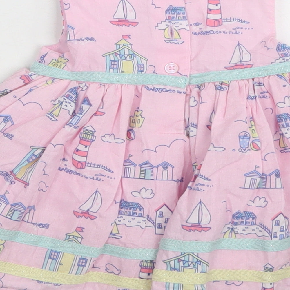 M&Co Girls Pink  Cotton Skater Dress  Size 0-3 Months  Round Neck Button - Beach Print