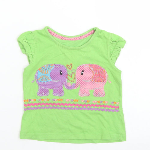 George Girls Green  Cotton Basic T-Shirt Size 12-18 Months Crew Neck  - Elephants