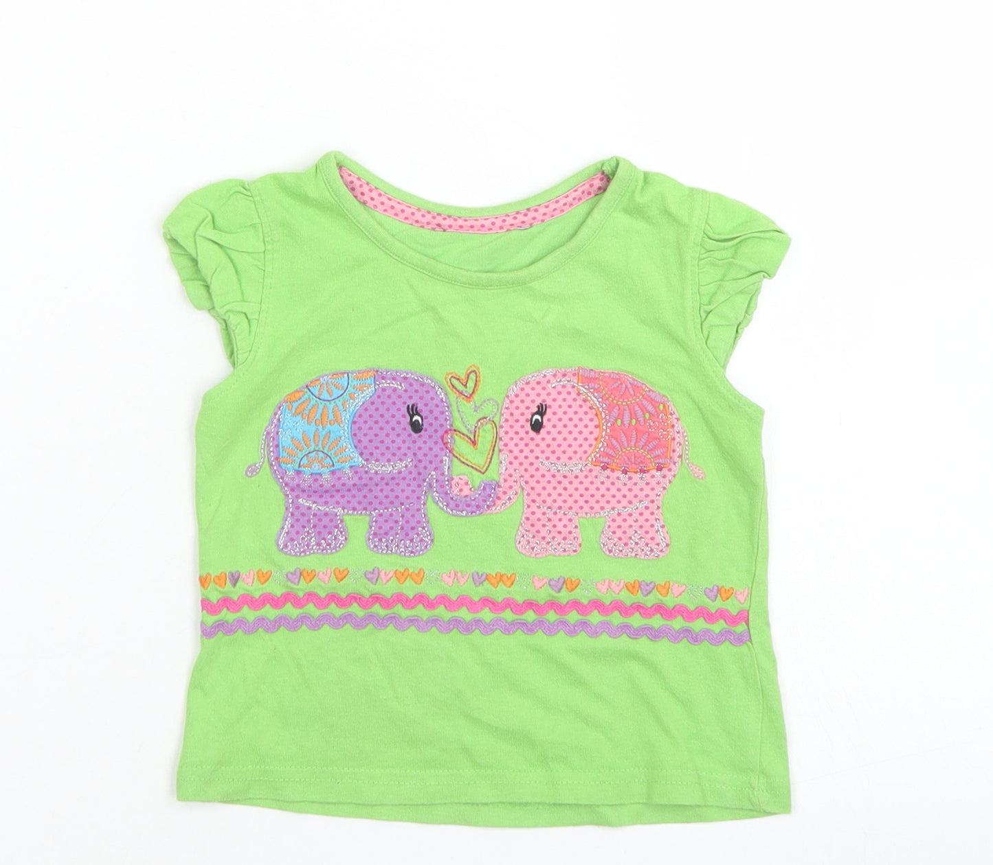 George Girls Green  Cotton Basic T-Shirt Size 12-18 Months Crew Neck  - Elephants