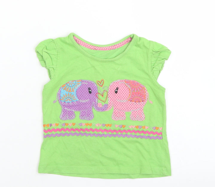 George Girls Green  Cotton Basic T-Shirt Size 12-18 Months Crew Neck  - Elephants