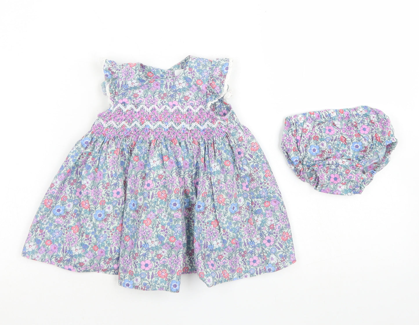 NEXT Girls Blue Floral Cotton Skater Dress  Size Newborn  Crew Neck Button - With Bloomer