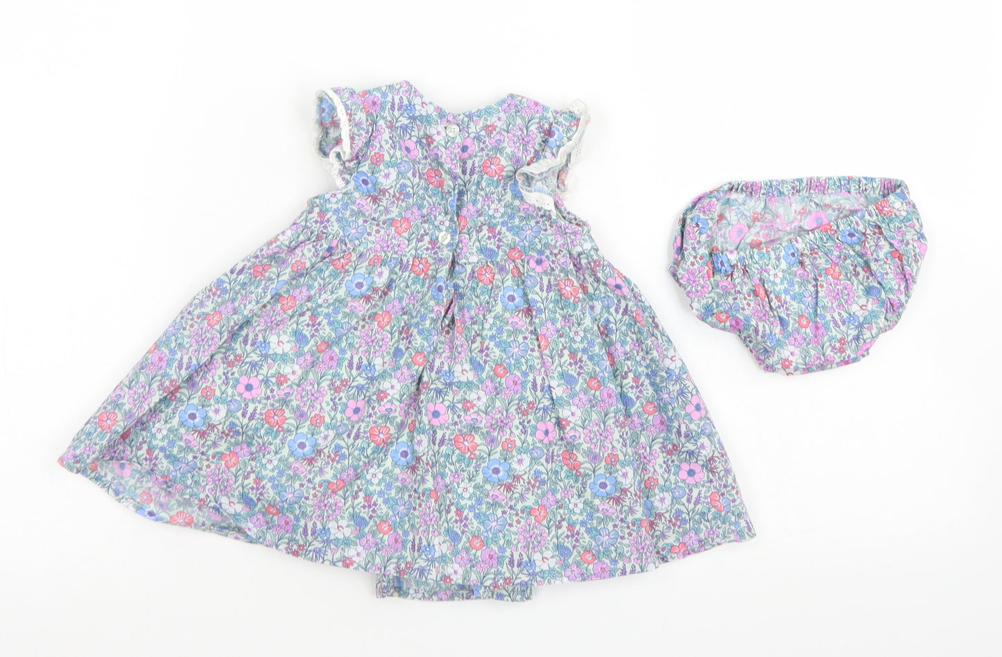 NEXT Girls Blue Floral Cotton Skater Dress  Size Newborn  Crew Neck Button - With Bloomer