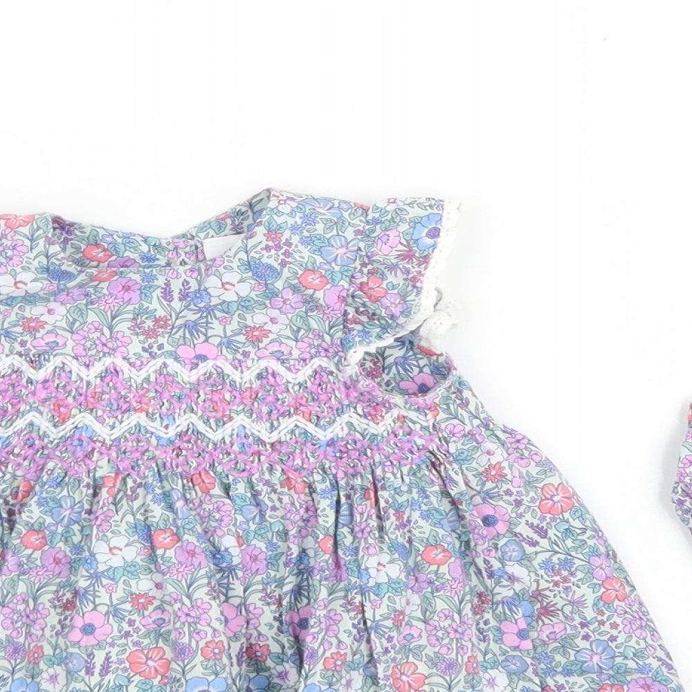 NEXT Girls Blue Floral Cotton Skater Dress  Size Newborn  Crew Neck Button - With Bloomer
