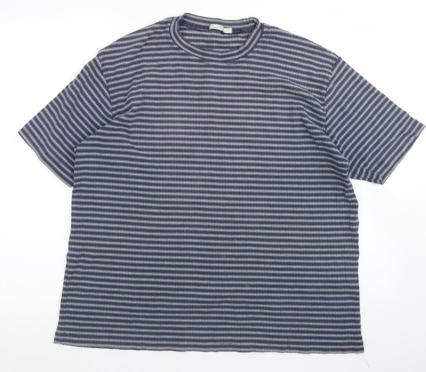 Marks & Spencer Mens Blue Striped Cotton  T-Shirt Size XL Crew Neck