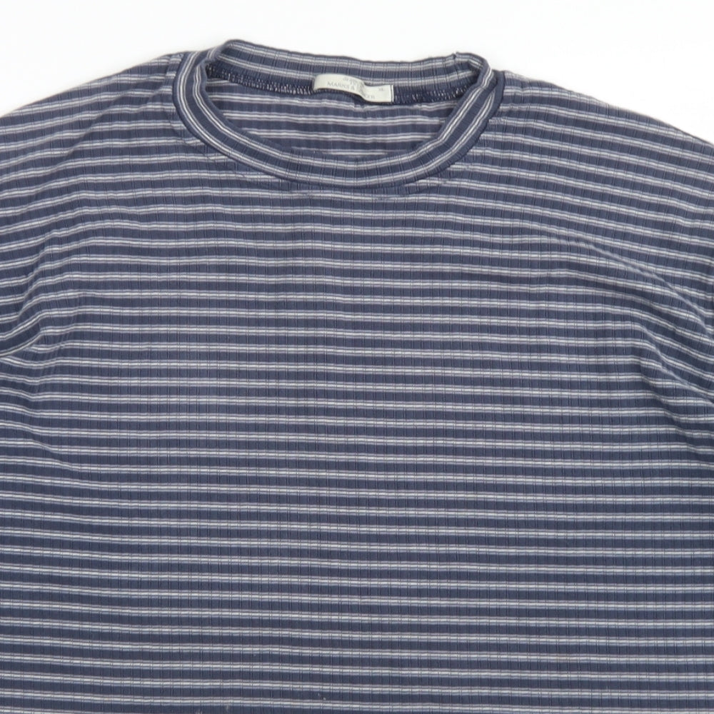 Marks & Spencer Mens Blue Striped Cotton  T-Shirt Size XL Crew Neck