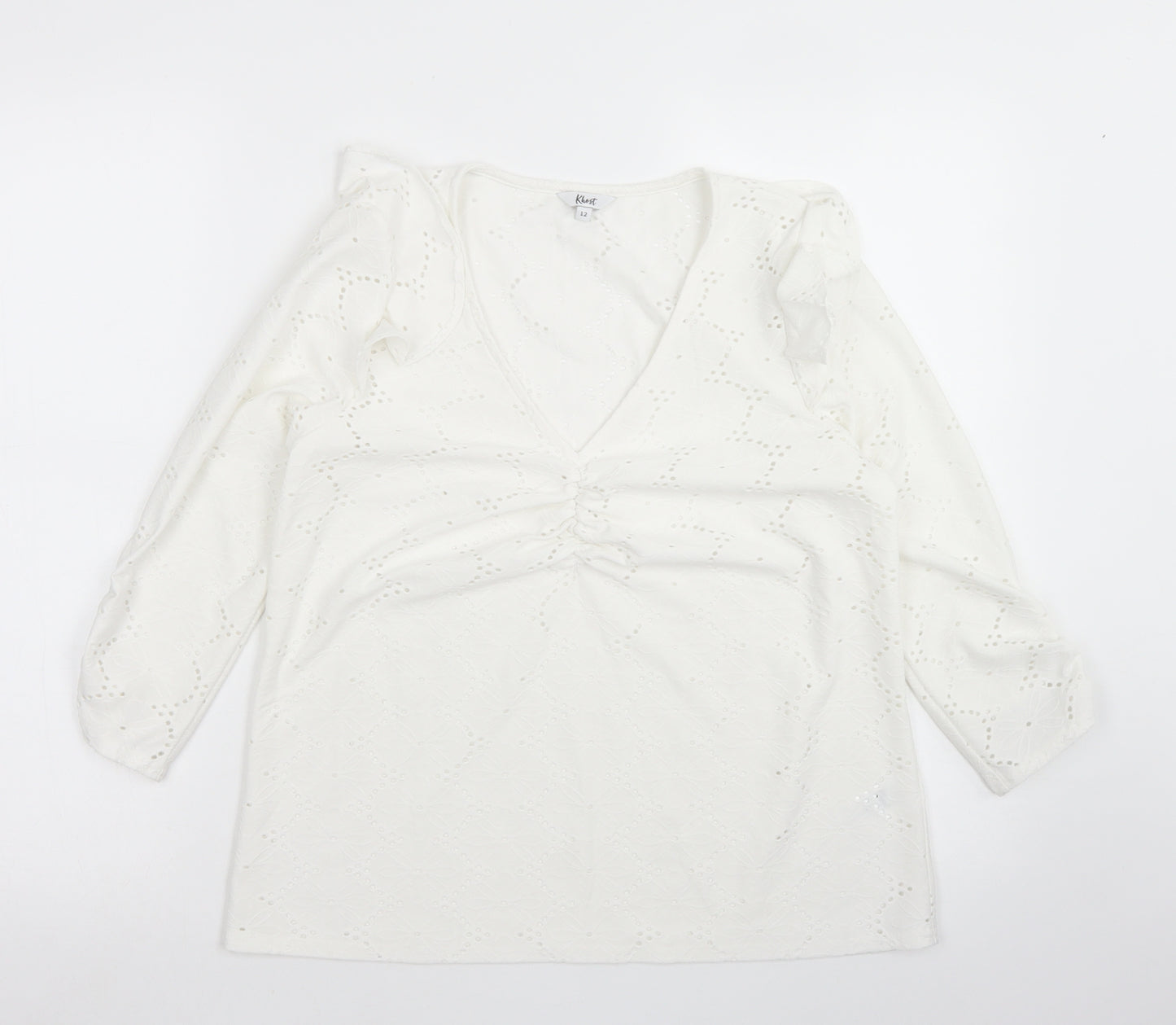 Khost Womens White  Polyester Basic Blouse Size 12 V-Neck - Ruched Sleeve detail