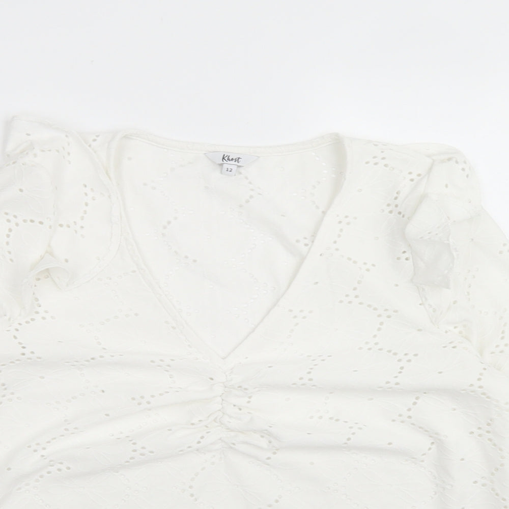 Khost Womens White  Polyester Basic Blouse Size 12 V-Neck - Ruched Sleeve detail