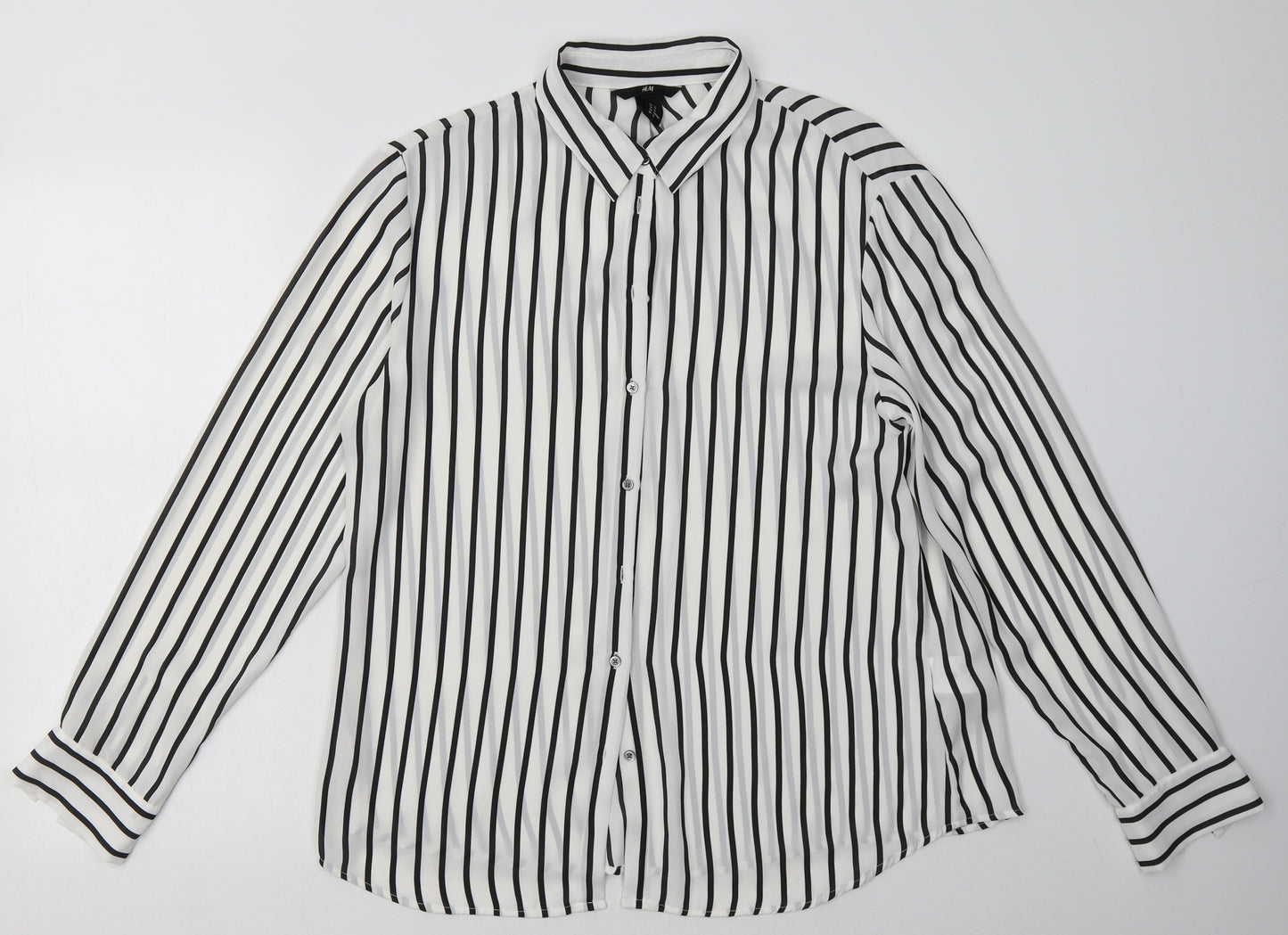 H&M Womens White Striped Polyester Basic Button-Up Size 12 Collared