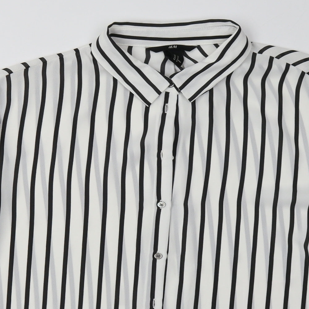 H&M Womens White Striped Polyester Basic Button-Up Size 12 Collared
