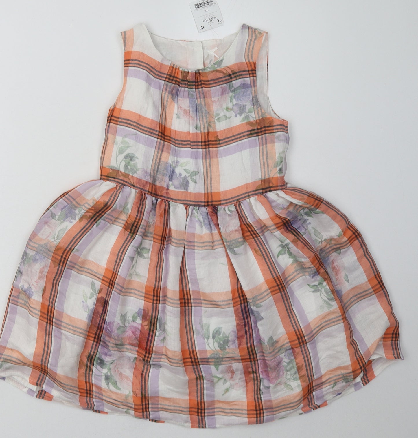 NEXT Girls Orange Check Polyester A-Line  Size 7 Years  Crew Neck Button