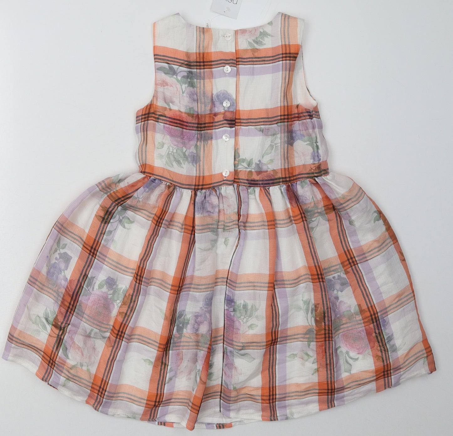 NEXT Girls Orange Check Polyester A-Line  Size 7 Years  Crew Neck Button