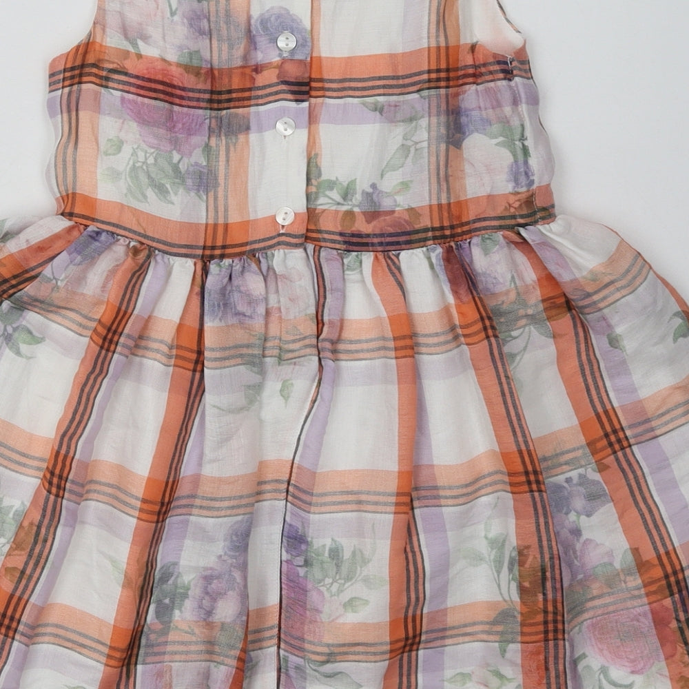 NEXT Girls Orange Check Polyester A-Line  Size 7 Years  Crew Neck Button