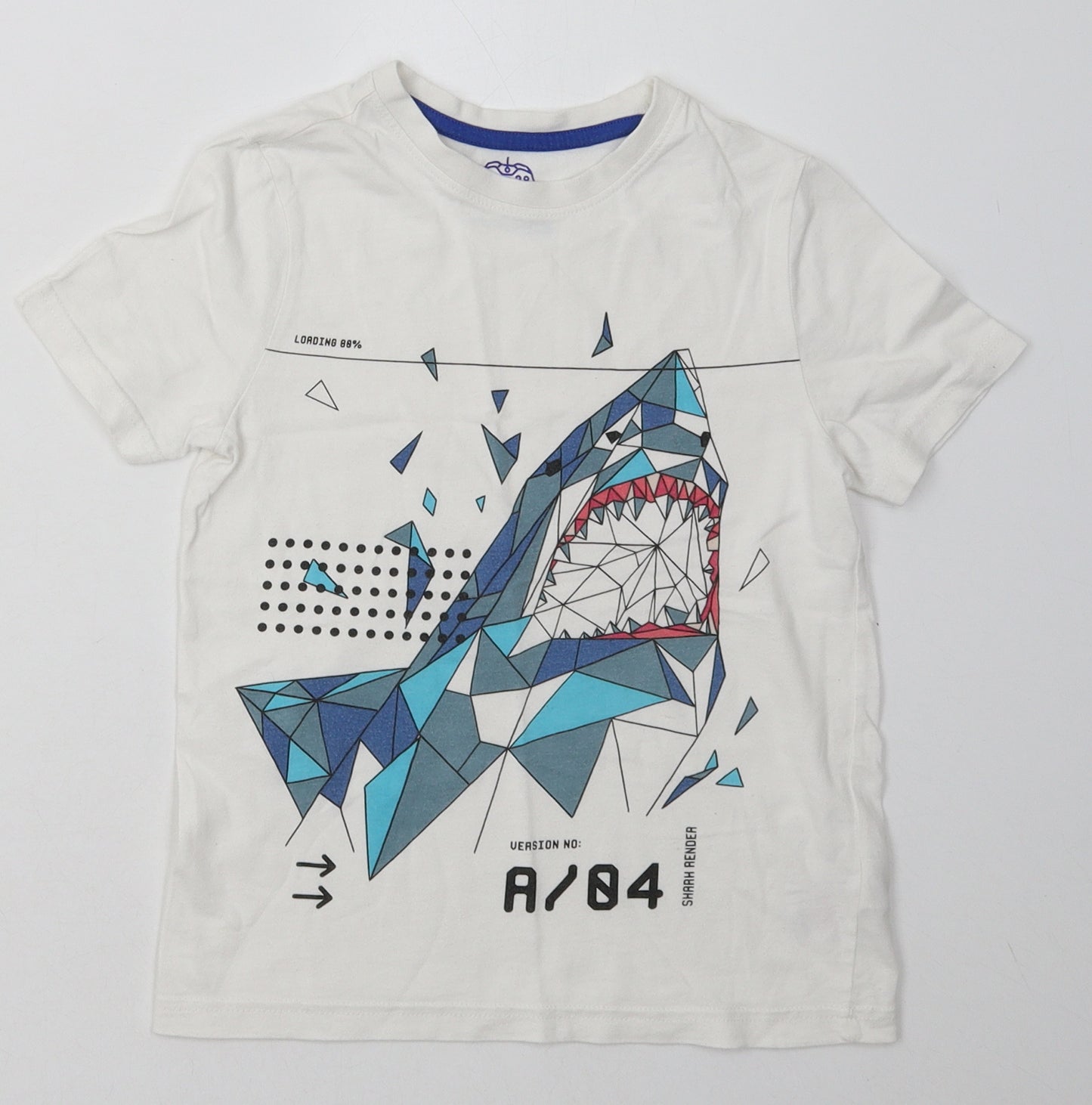 F&F Boys White Geometric Cotton Basic T-Shirt Size 5-6 Years Crew Neck Pullover - Shark Print