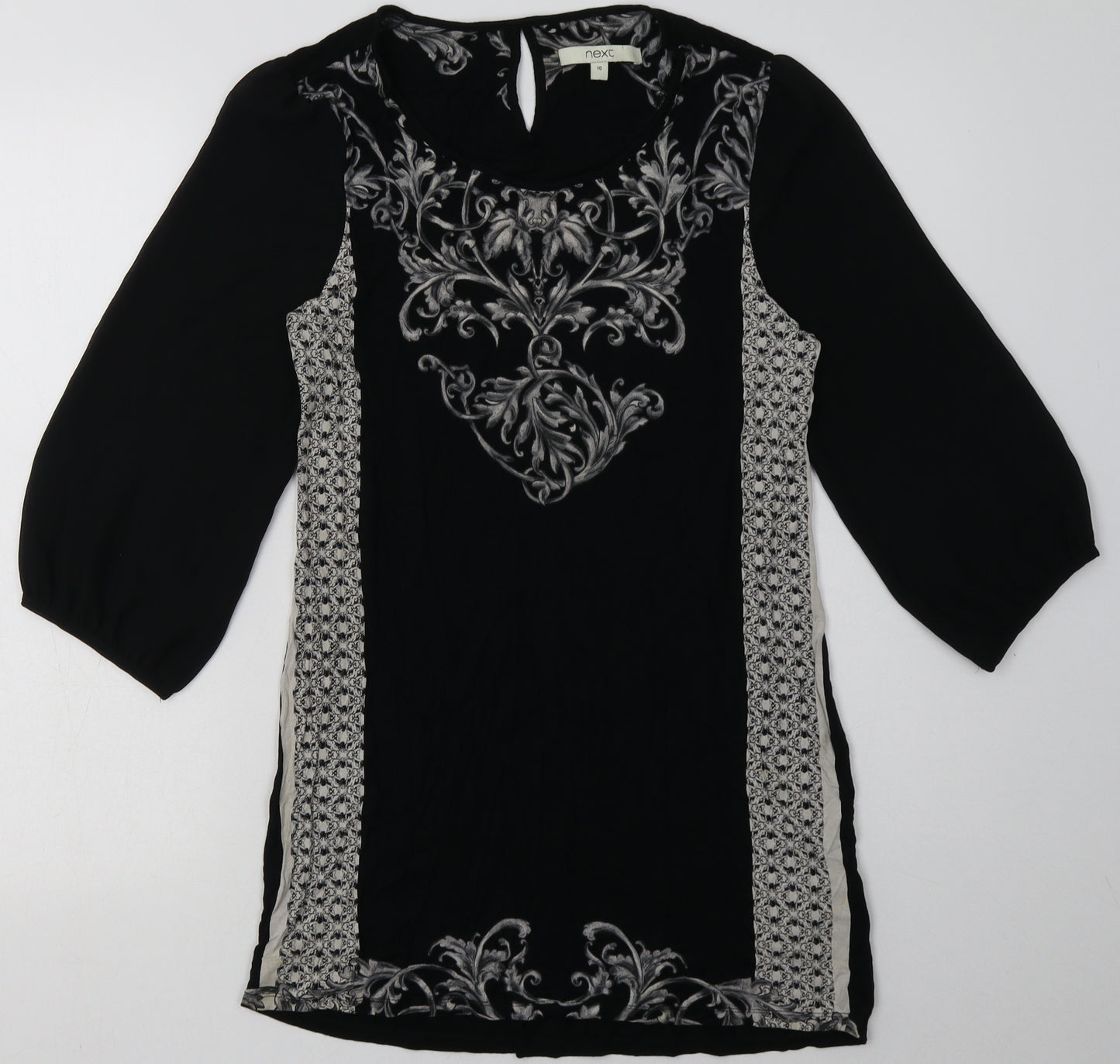 NEXT Womens Black Geometric Viscose A-Line  Size 10  Crew Neck Pullover - mesh sleeves