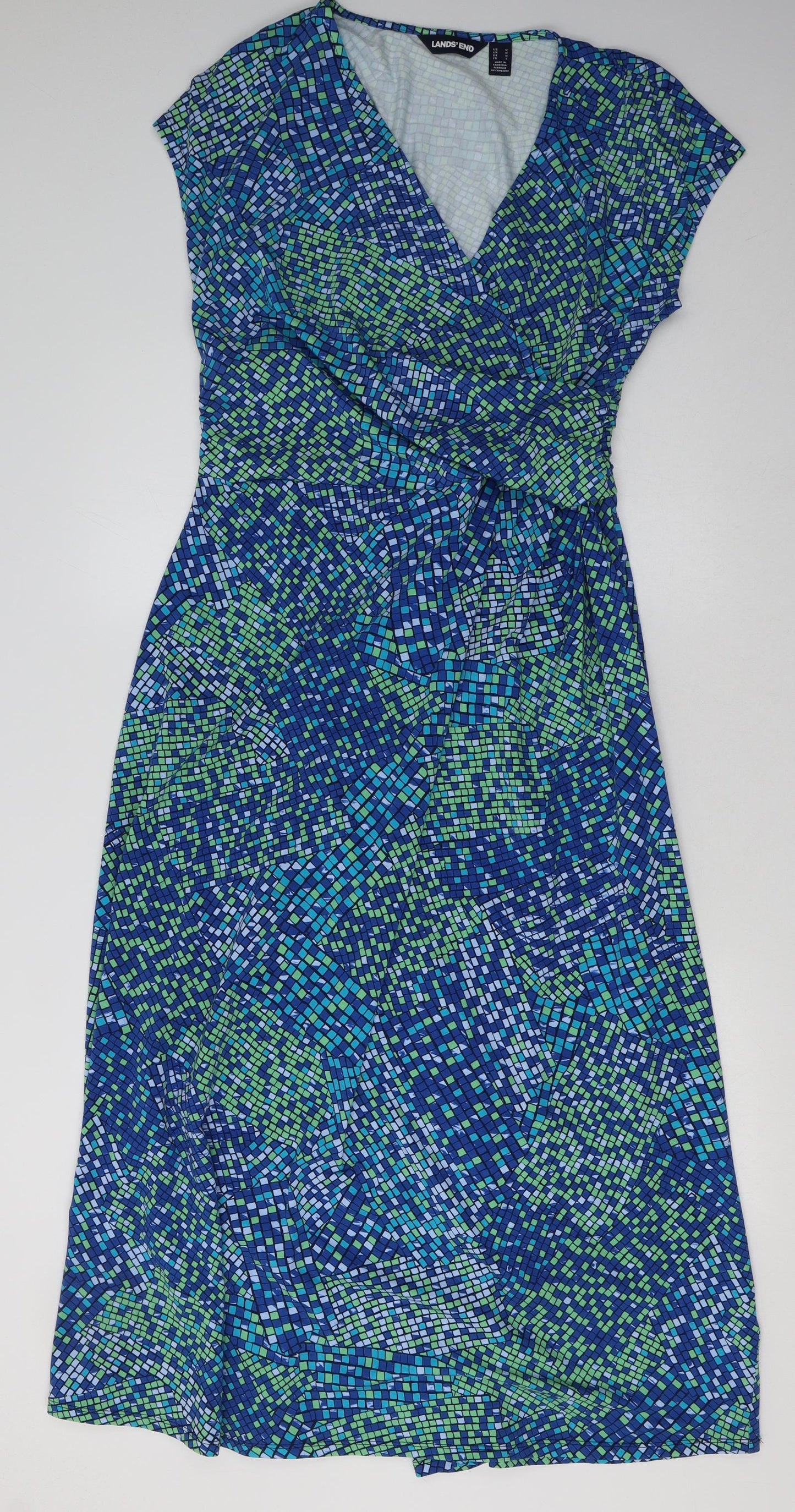 landsend Womens Blue Geometric Cotton A-Line  Size M  V-Neck Pullover