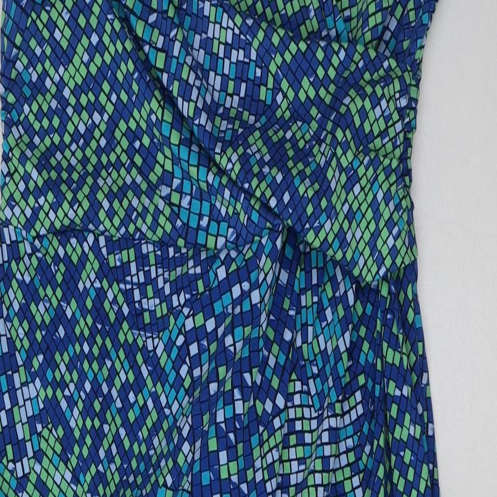 landsend Womens Blue Geometric Cotton A-Line  Size M  V-Neck Pullover