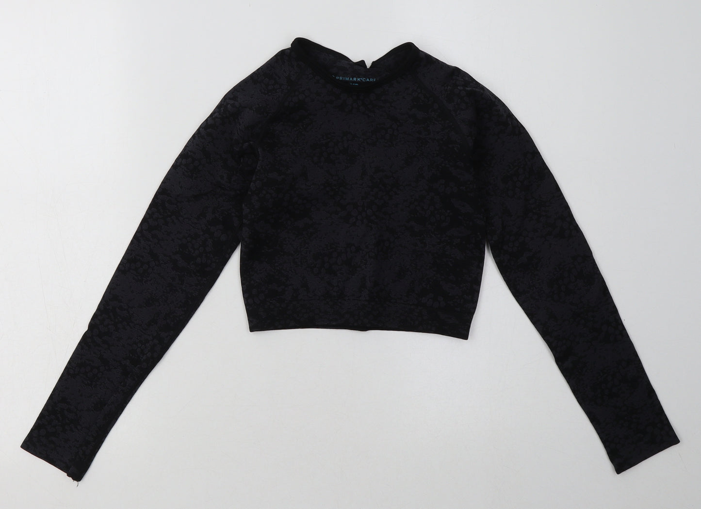 Primark Womens Black Camouflage Polyamide Cropped Casual Size XS Crew Neck Pullover