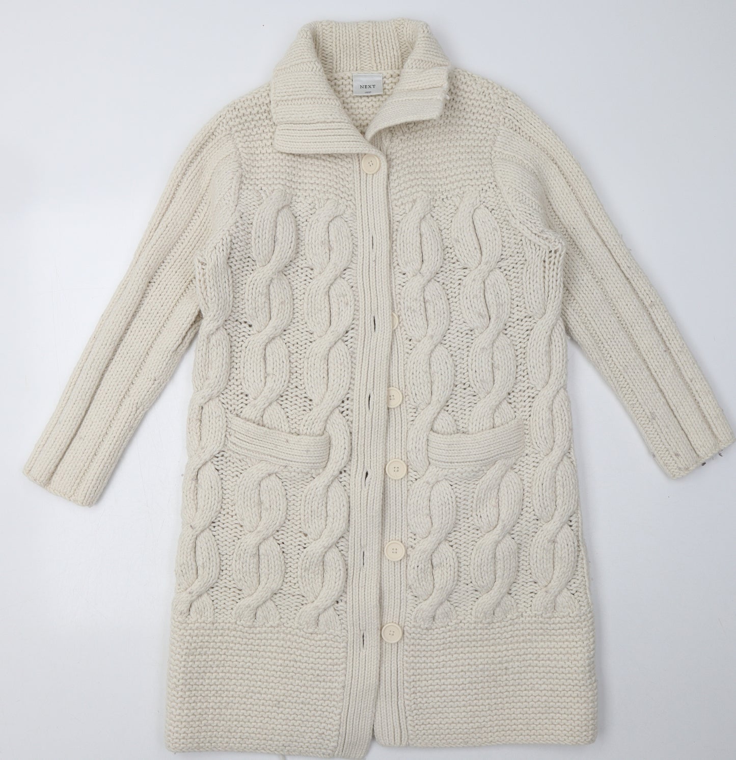 NEXT Womens White Collared Argyle/Diamond Wool Cardigan Jumper Size L