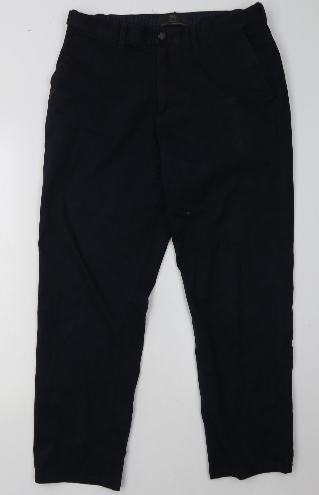 Marks and Spencer Mens Blue  Cotton Chino Trousers Size 34 L29 in Regular Button - Short