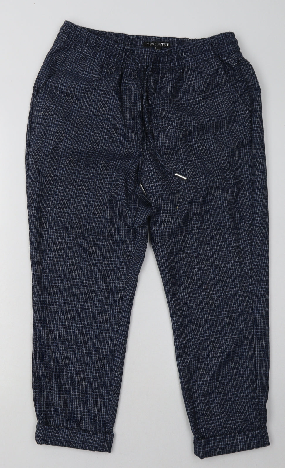 NEXT Womens Blue Check Polyester Capri Trousers Size 10 L26 in Regular Tie