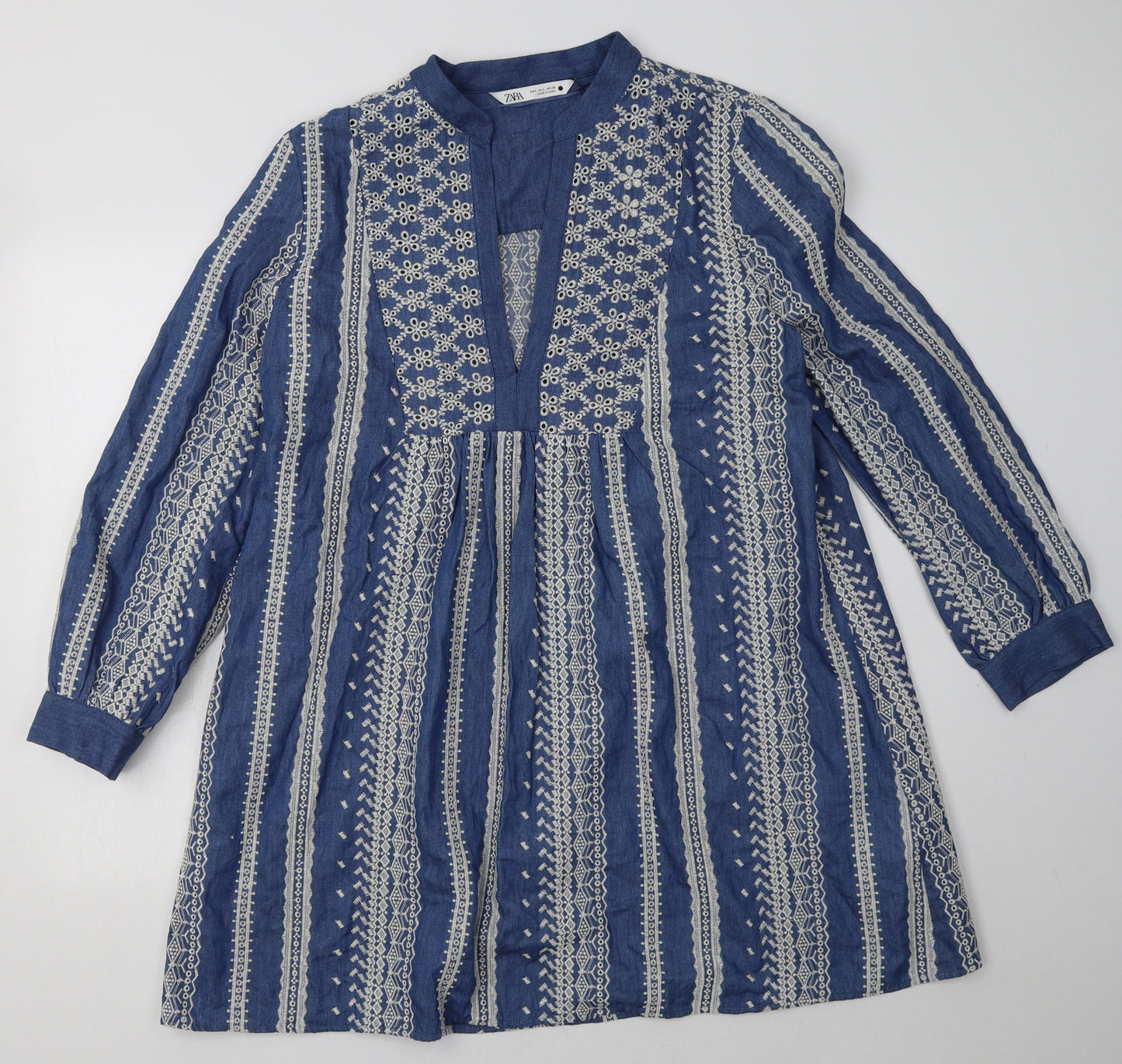 Zara Womens Blue Geometric Cotton A-Line  Size L  V-Neck Pullover