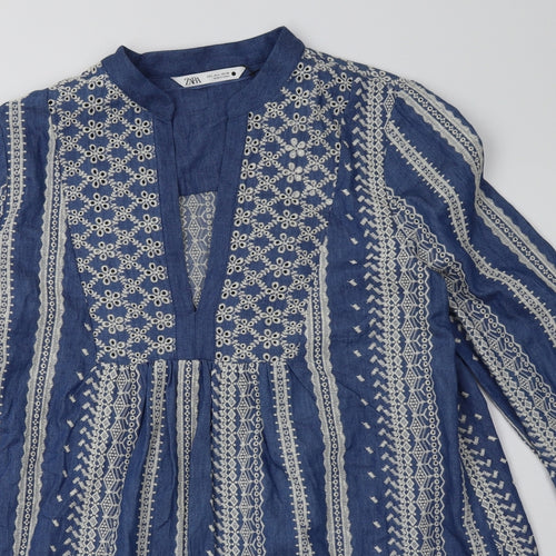 Zara Womens Blue Geometric Cotton A-Line  Size L  V-Neck Pullover