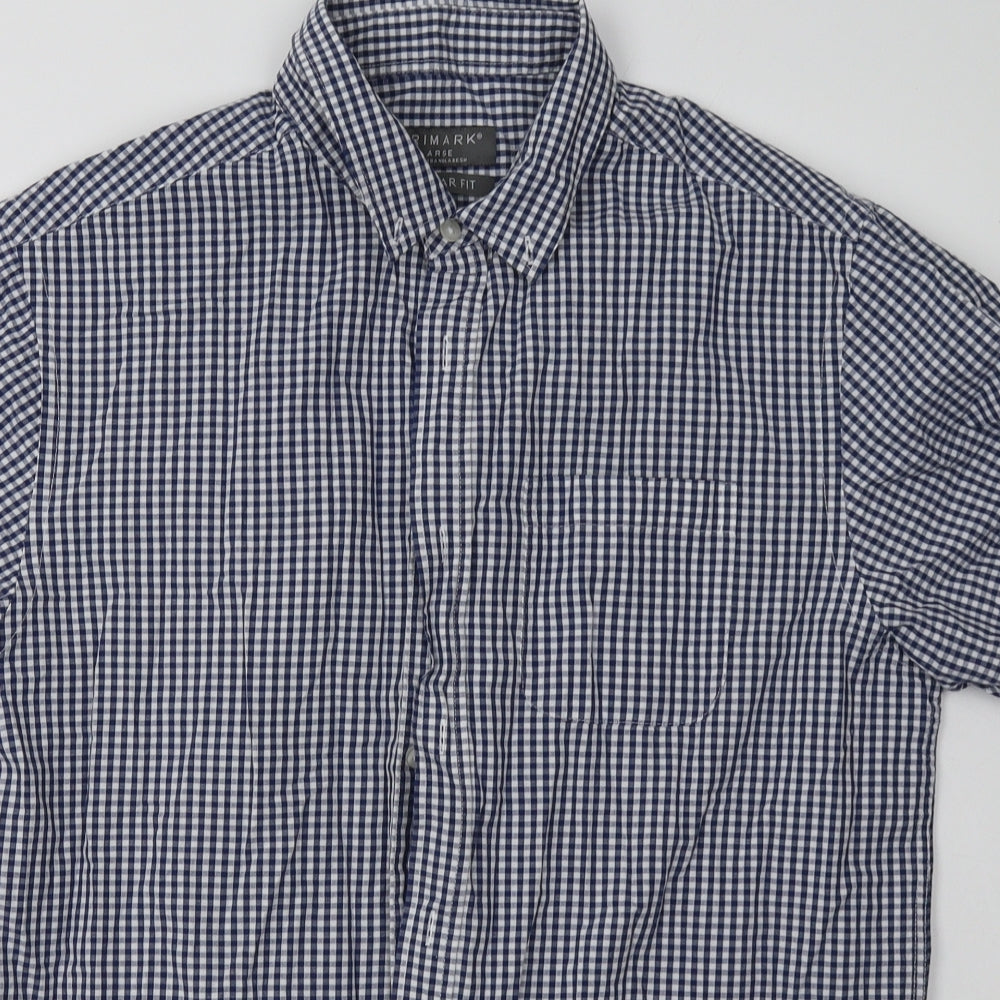 Primark Mens Blue Check Cotton  Button-Up Size L Collared Button