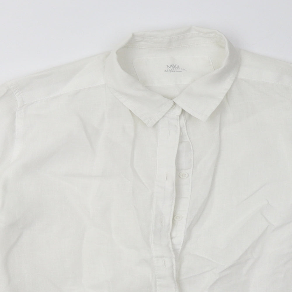 Marks and Spencer Womens White  Linen Basic Button-Up Size 12 Collared