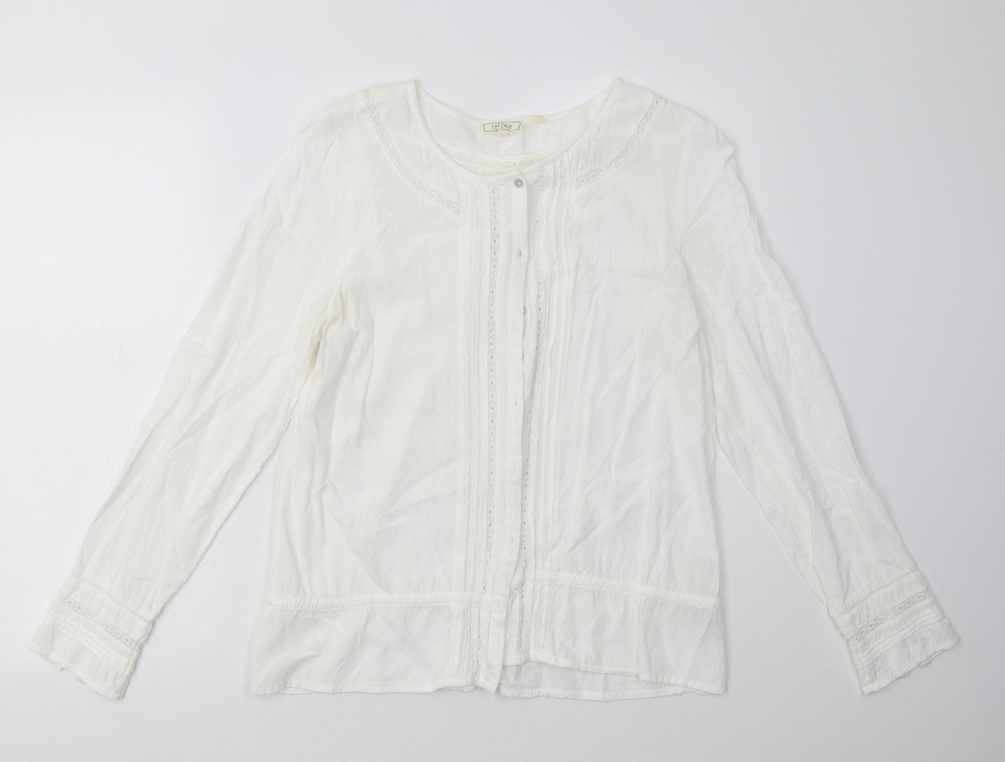 Fat Face Womens White Geometric Viscose Basic Button-Up Size 12 Crew Neck