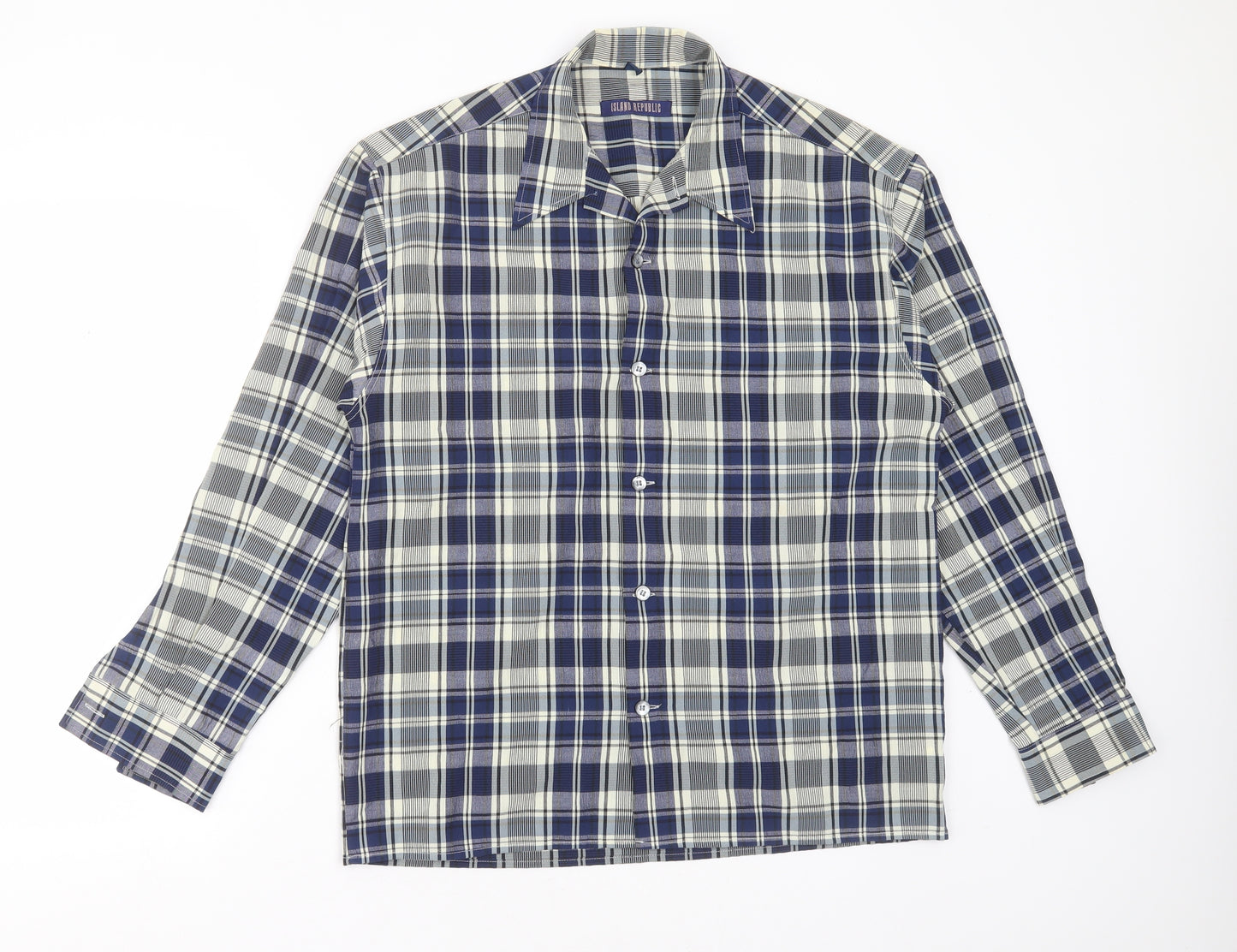 Island Republic Mens Blue Check Polyester  Button-Up Size M Collared Button