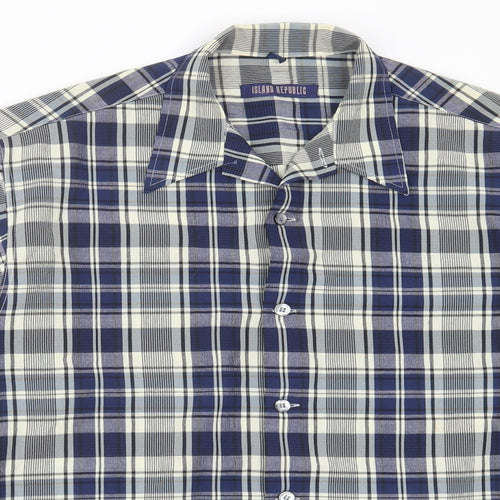 Island Republic Mens Blue Check Polyester  Button-Up Size M Collared Button