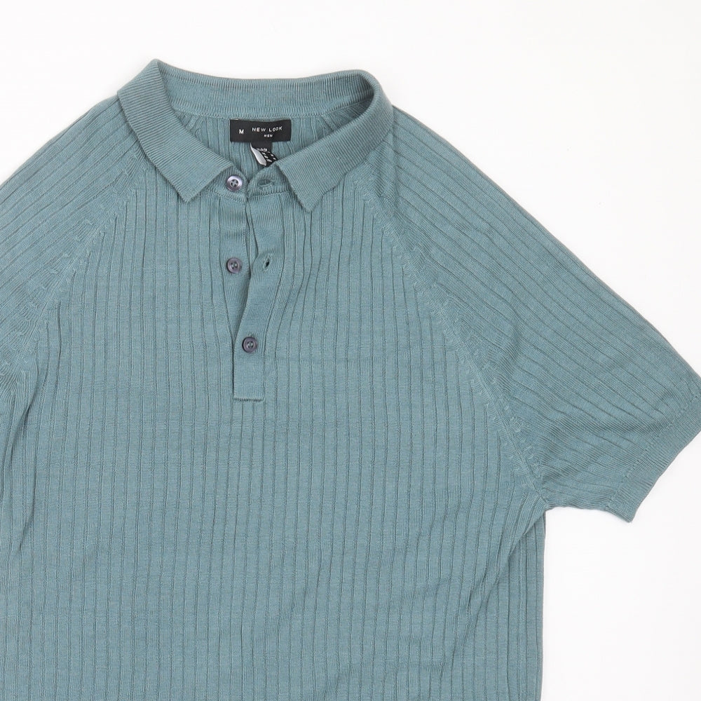 New Look Men Mens Green Striped Acrylic  Polo Size M Collared