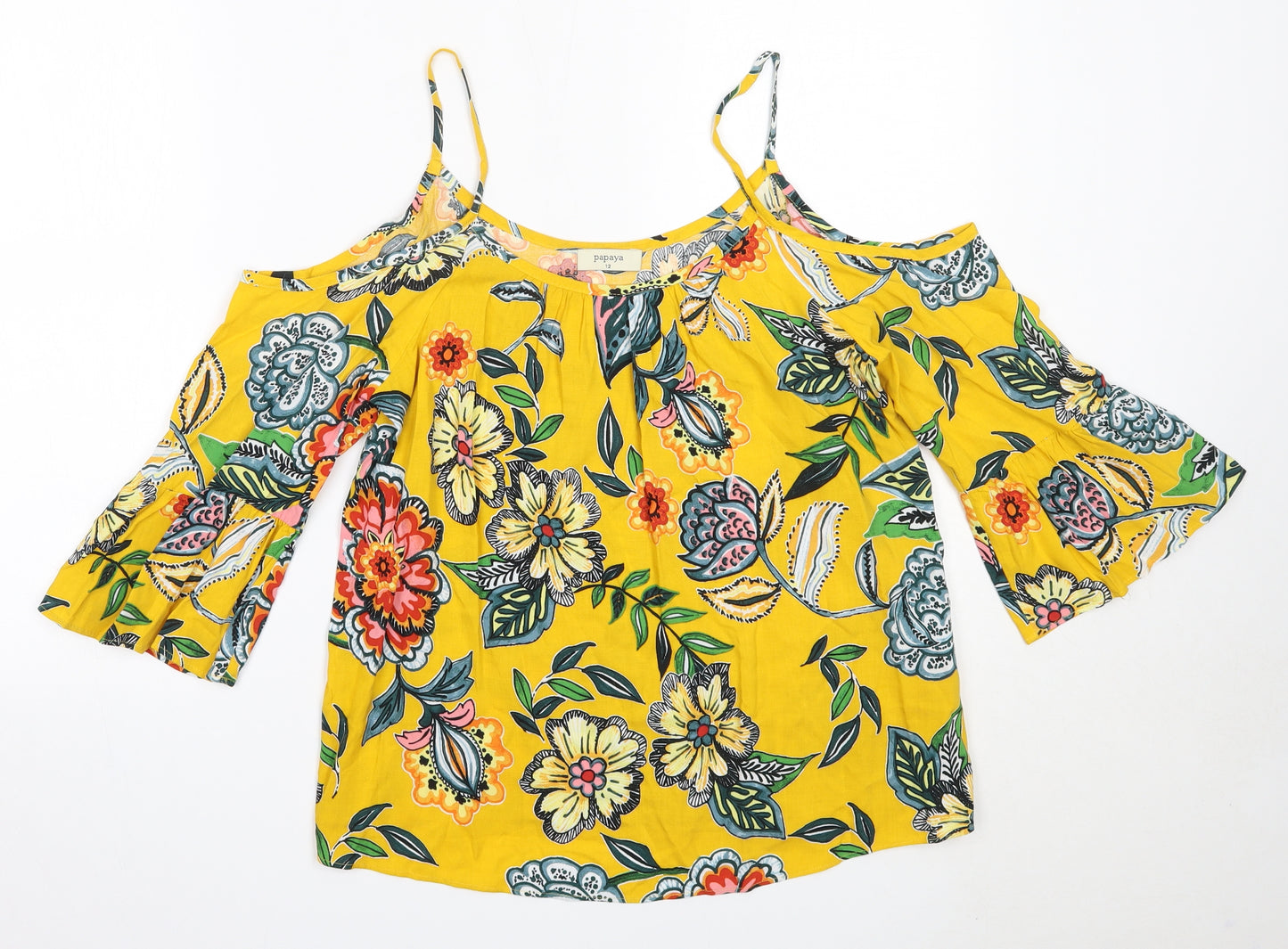 Papaya Womens Yellow Floral Viscose Basic Blouse Size 12 Round Neck