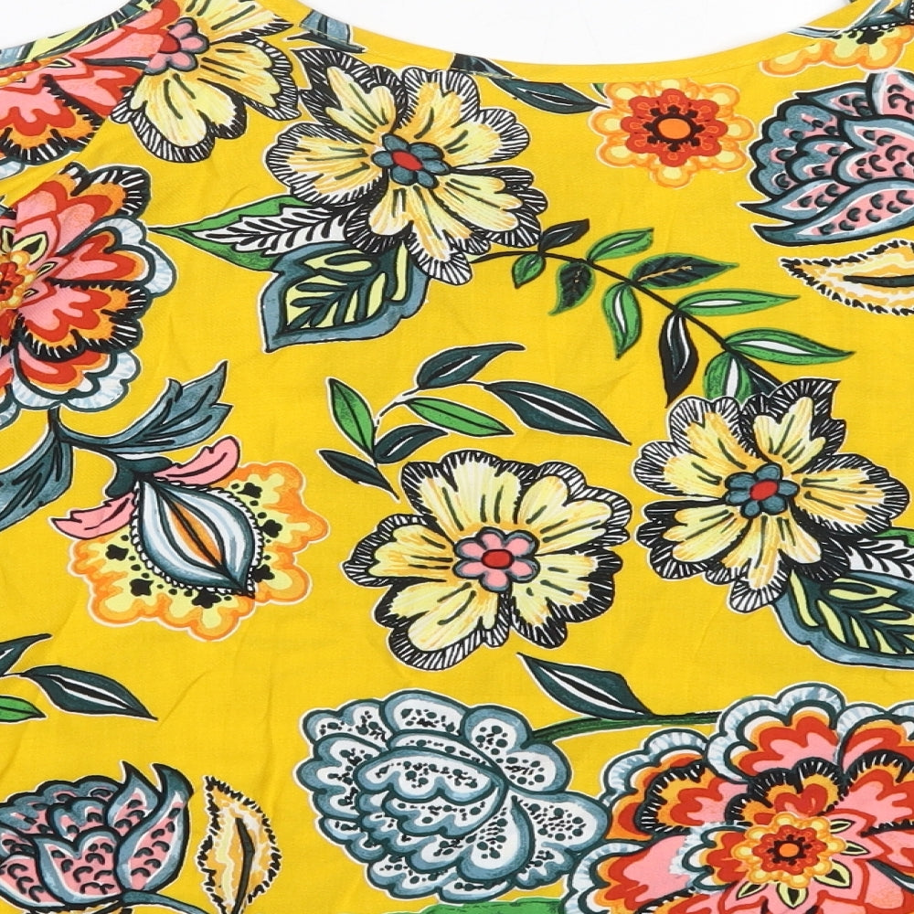 Papaya Womens Yellow Floral Viscose Basic Blouse Size 12 Round Neck