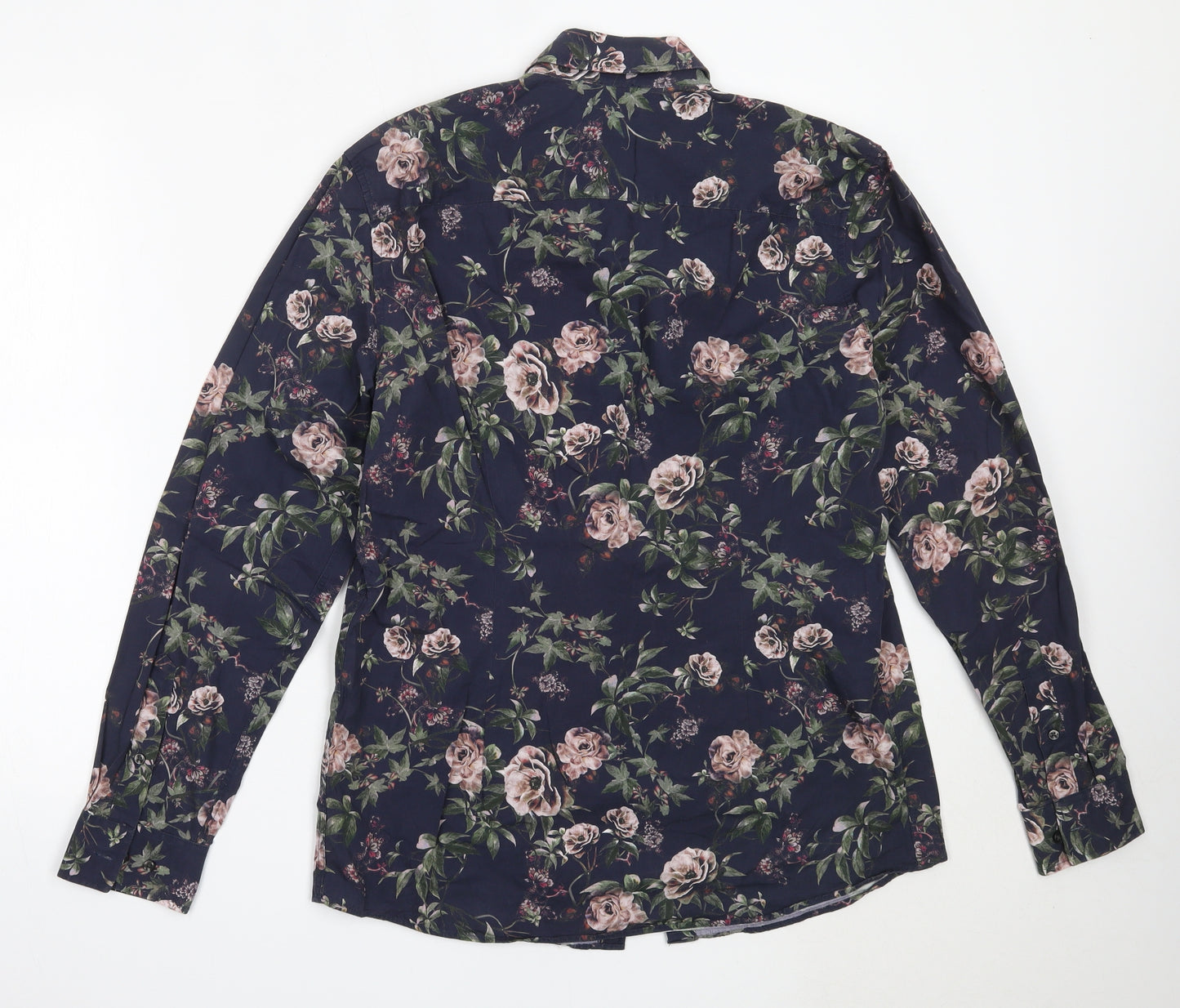 Easy Mens Blue Floral Cotton  Button-Up Size M Collared