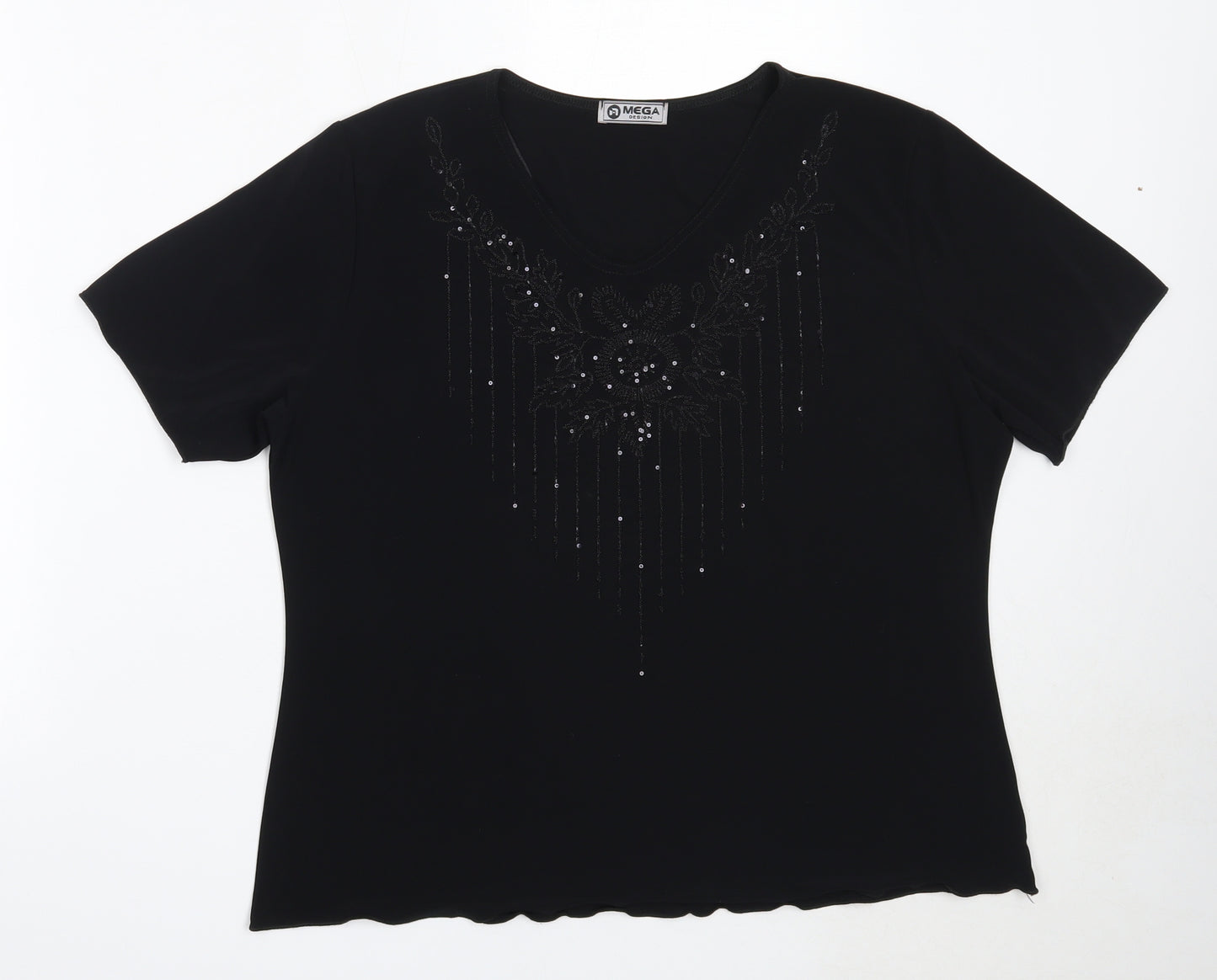 Mega Design Womens Black  Polyester Basic Blouse Size 2XL V-Neck