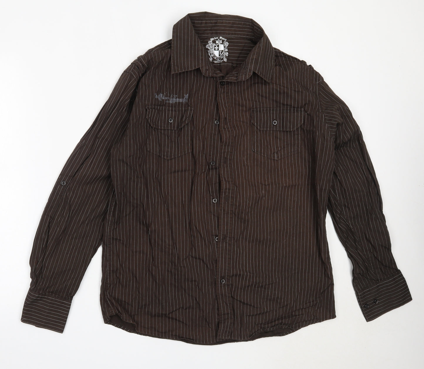 UrbanSpirit Mens Brown Striped Cotton  Button-Up Size L Collared