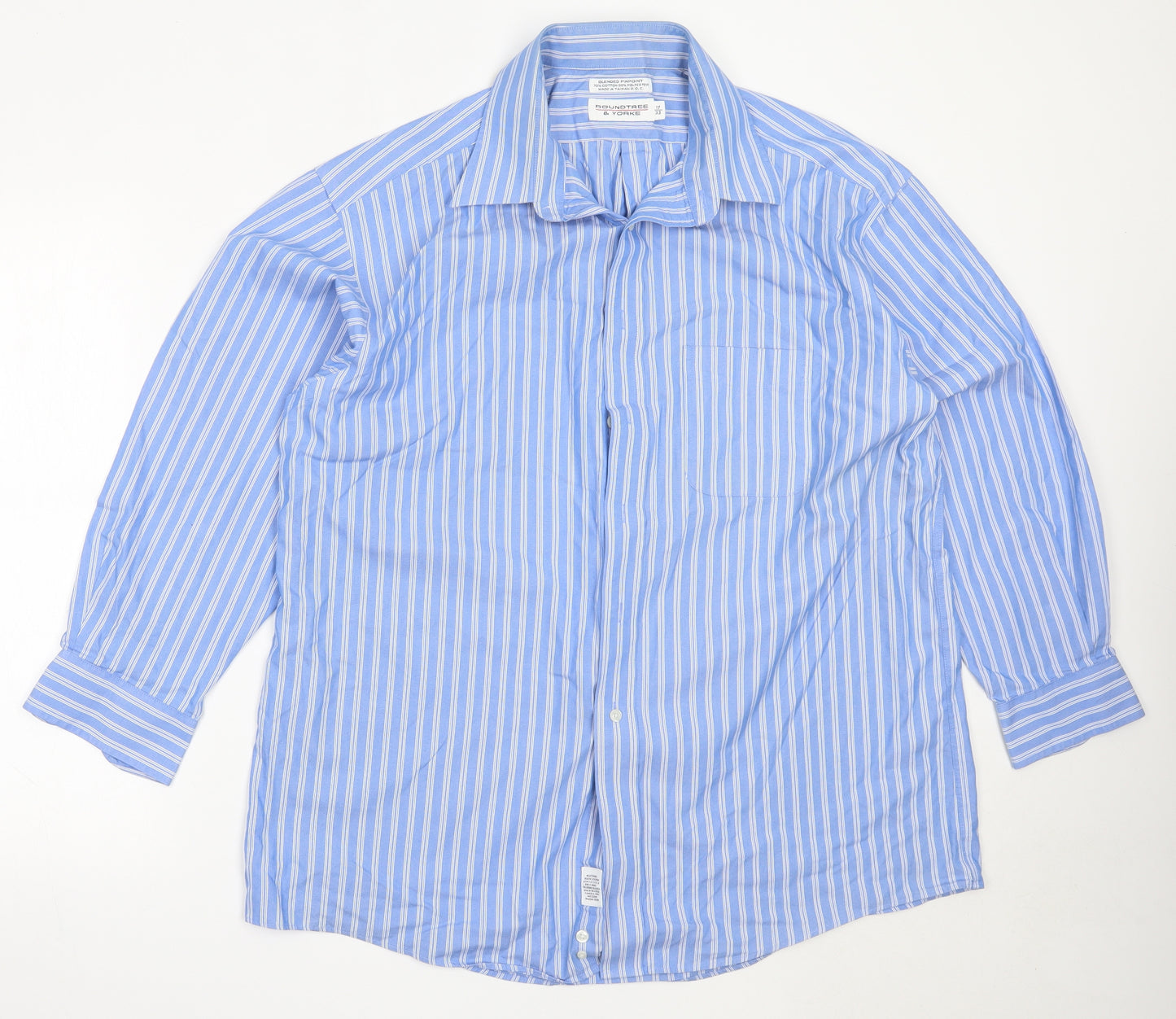 Roundtree & Yorke Mens Blue Striped Cotton  Button-Up Size 17 Collared