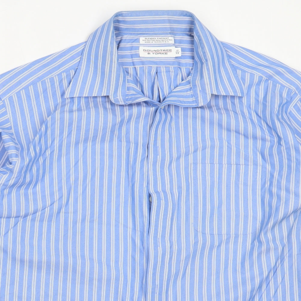 Roundtree & Yorke Mens Blue Striped Cotton  Button-Up Size 17 Collared