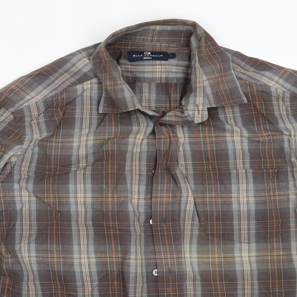 Marks and Spencer Mens Brown Check Cotton  Button-Up Size L Collared