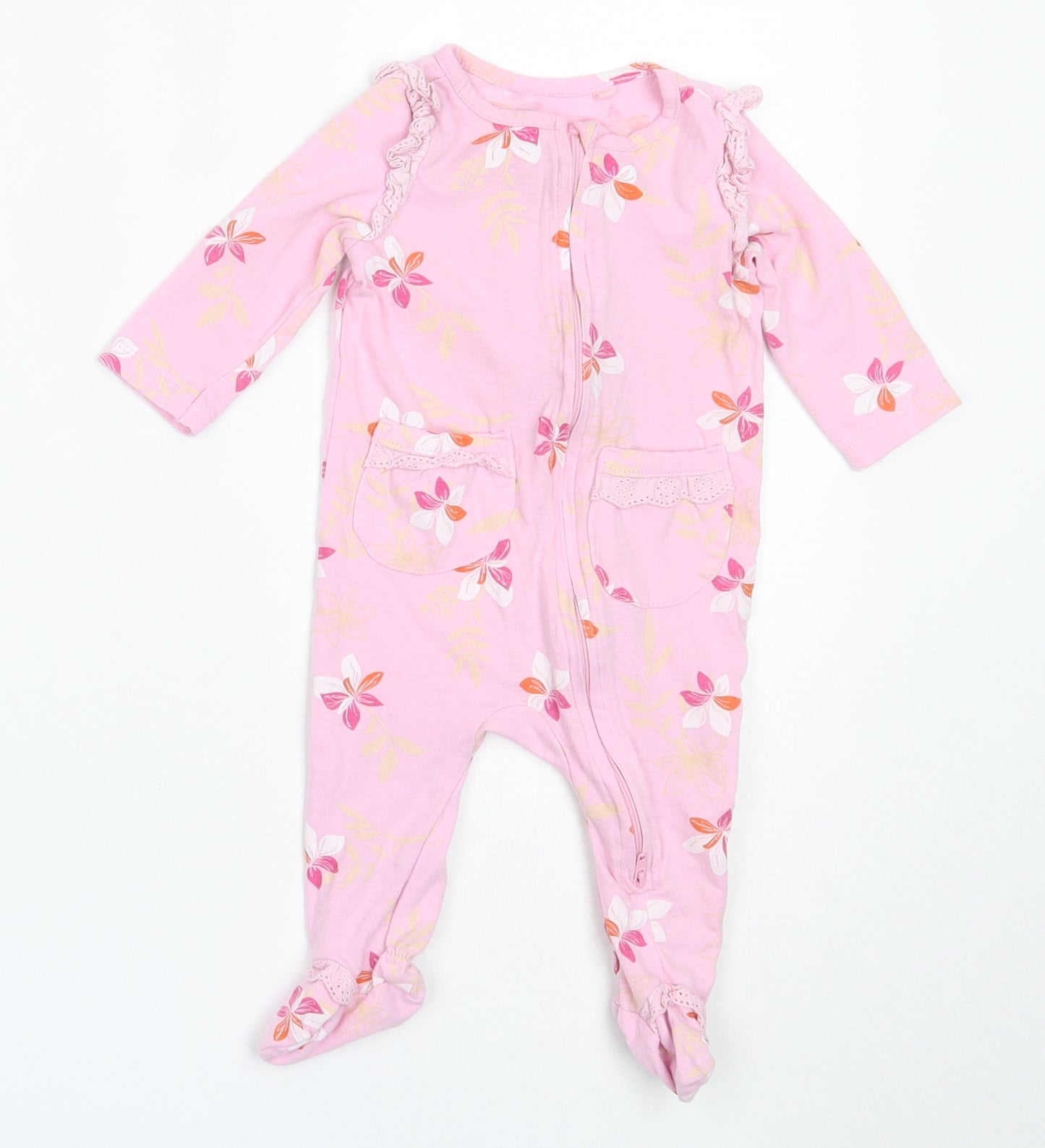 Preworn Girls Pink Floral Cotton Babygrow One-Piece Size 3-6 Months