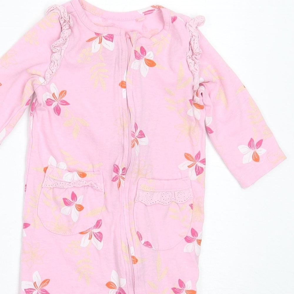 Preworn Girls Pink Floral Cotton Babygrow One-Piece Size 3-6 Months