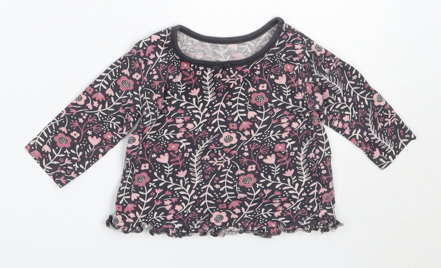 George Girls Grey Floral Cotton Basic T-Shirt Size 3-6 Months Round Neck