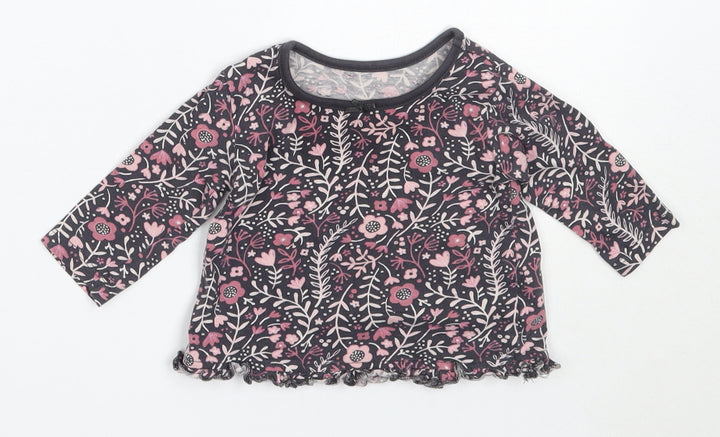George Girls Grey Floral Cotton Basic T-Shirt Size 3-6 Months Round Neck