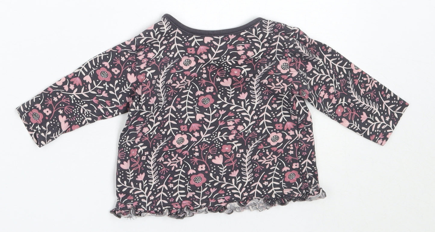 George Girls Grey Floral Cotton Basic T-Shirt Size 3-6 Months Round Neck