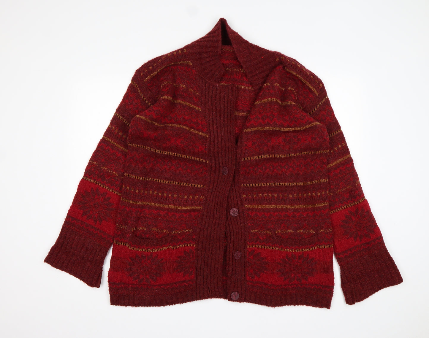 M&S Womens Multicoloured V-Neck Fair Isle Acrylic Cardigan Jumper Size 14