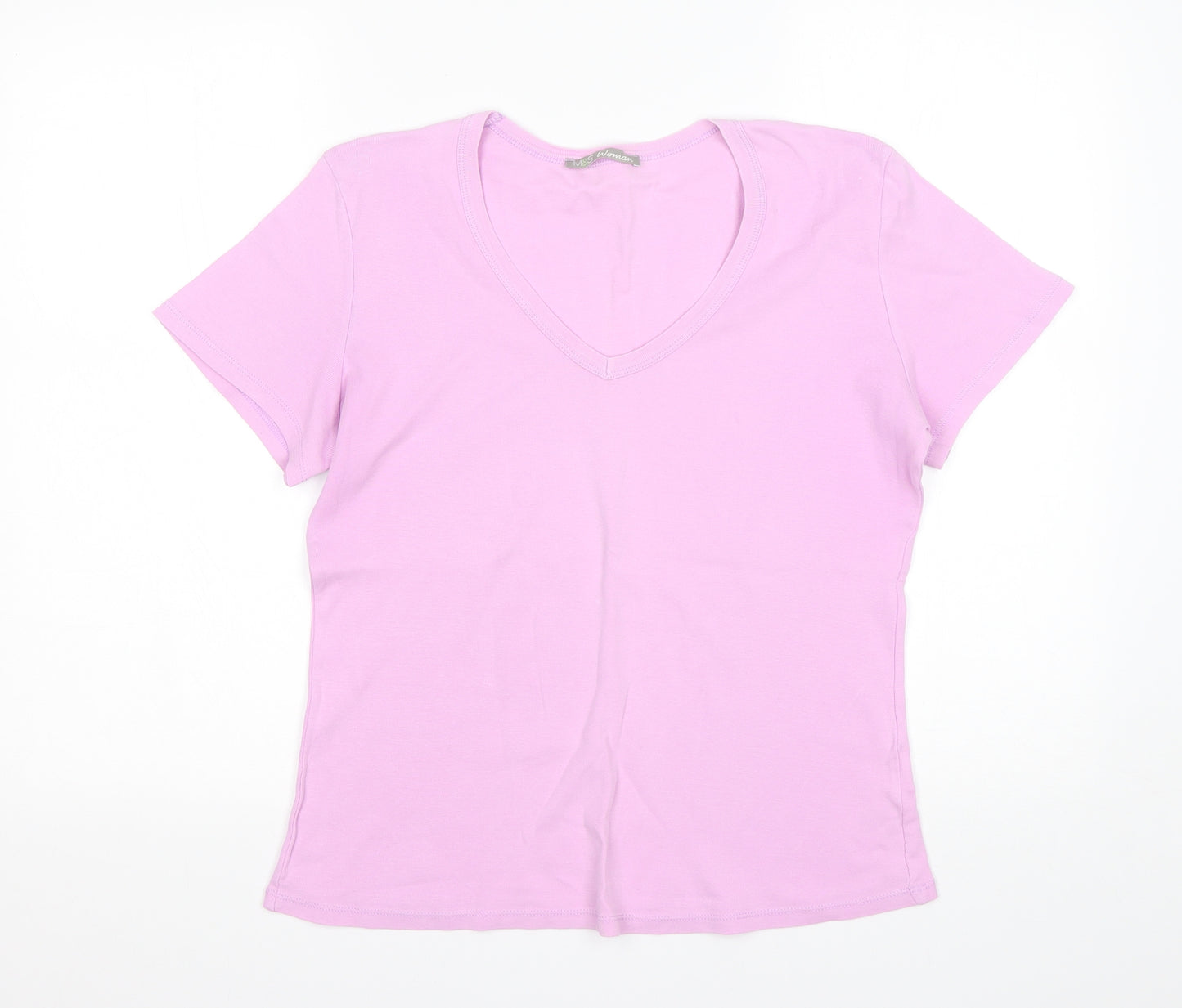 M&S Womens Pink  Cotton Basic T-Shirt Size 16 V-Neck