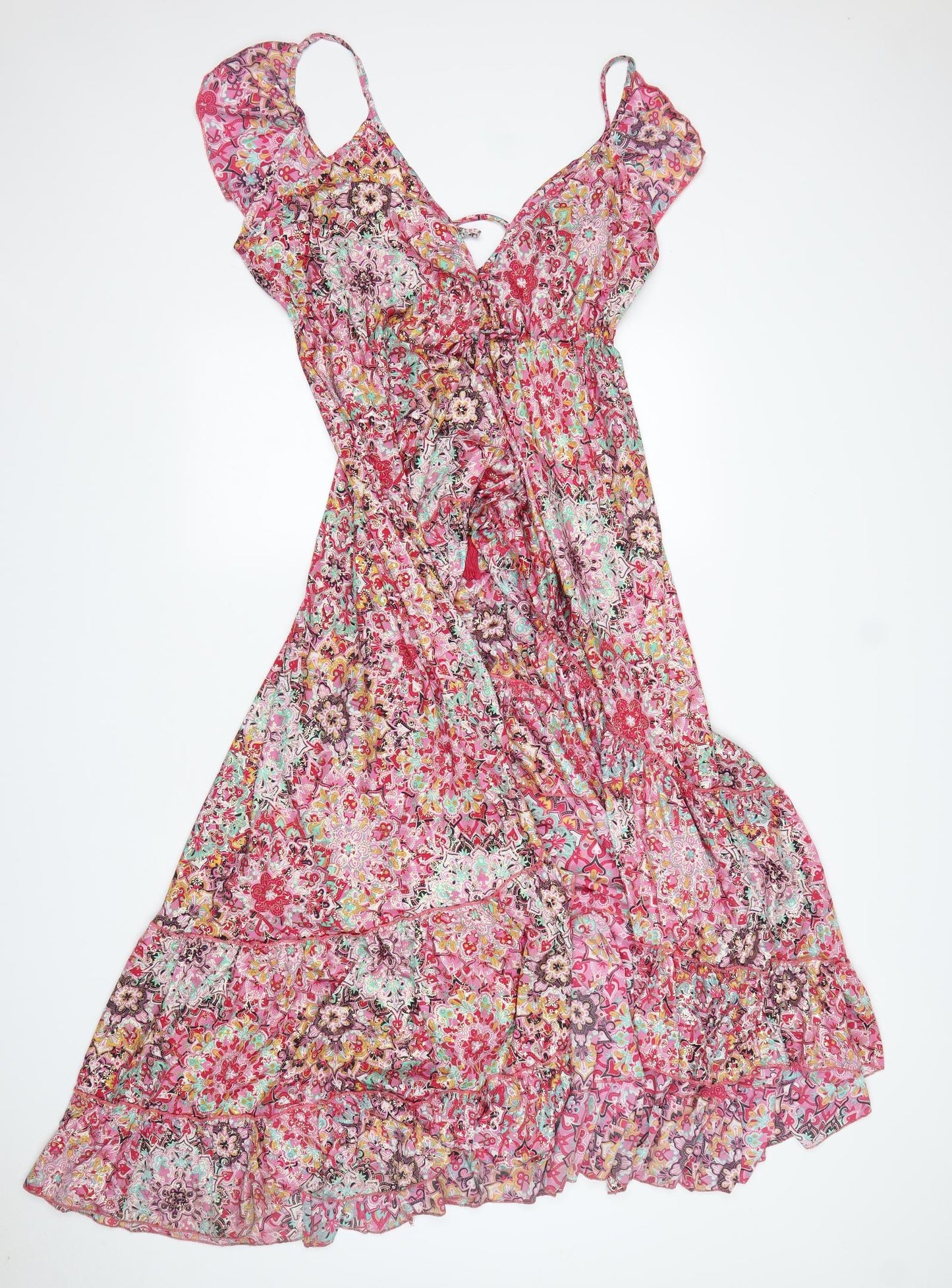 Preworn Womens Multicoloured Floral Rayon A-Line  Size 10  V-Neck
