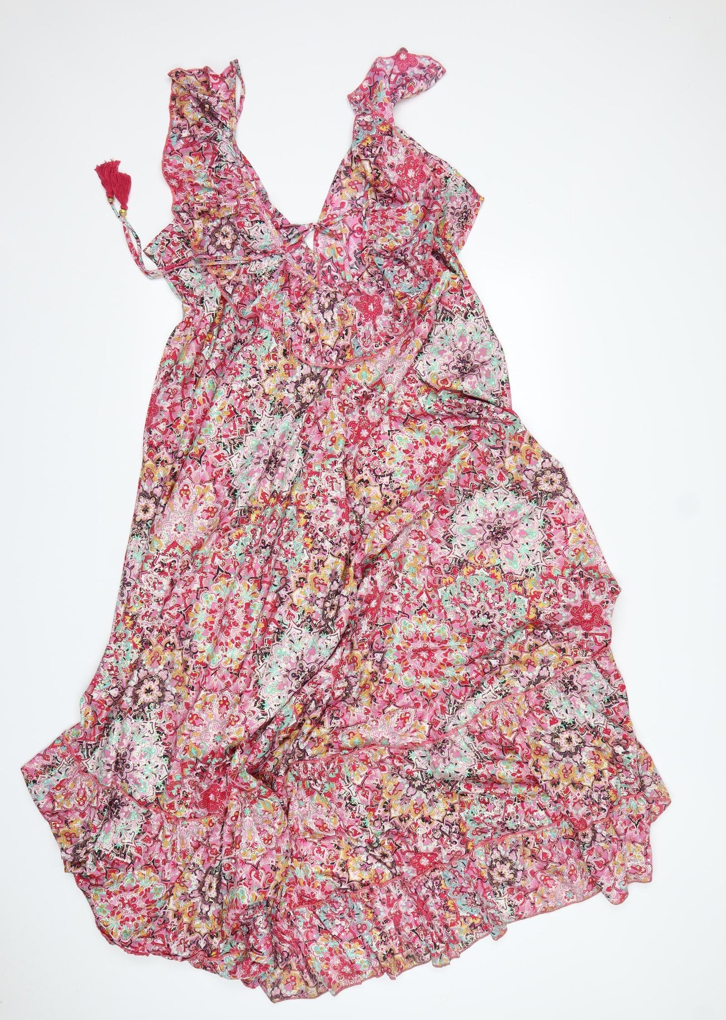 Preworn Womens Multicoloured Floral Rayon A-Line  Size 10  V-Neck