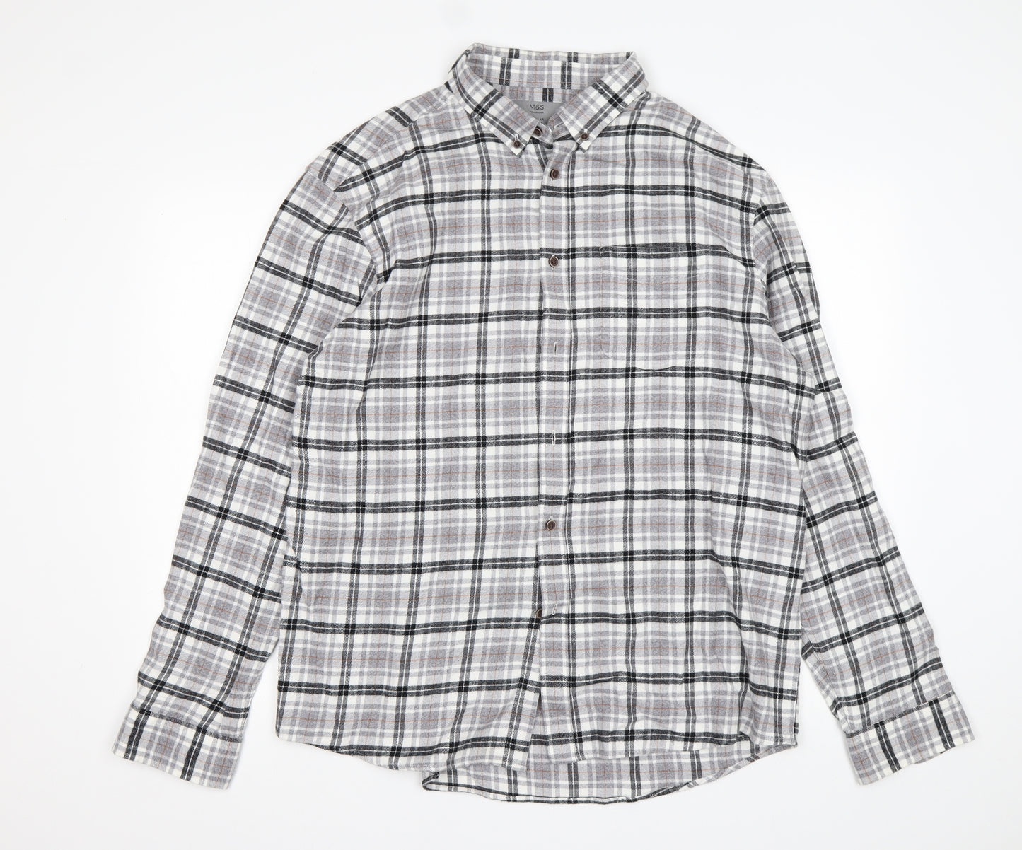 M&S Mens Multicoloured Check Cotton  Button-Up Size L Collared